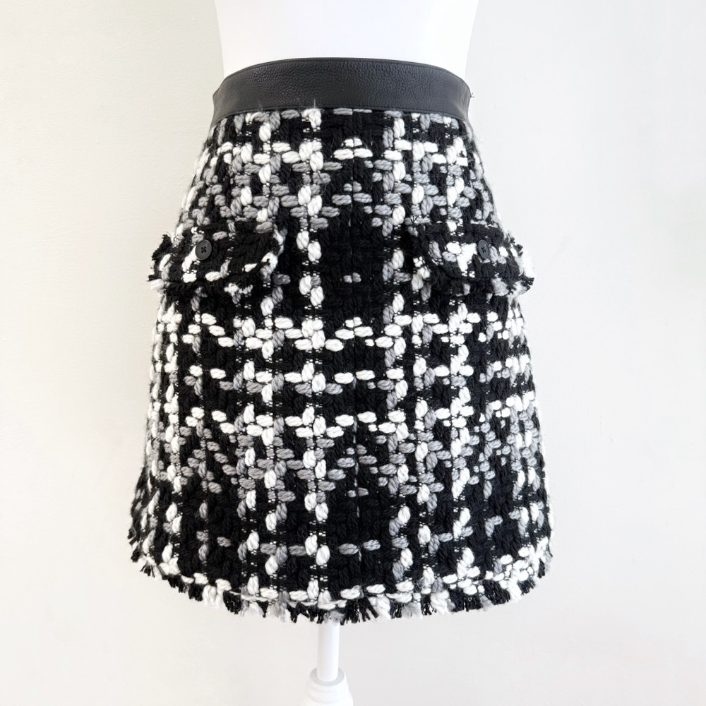 REMAIN BIRGER CHRISTENSEN BLACK GRAY WHITE TASJA LEATHER TRIM TWEED MINI SKIRT - Picture 3 of 11